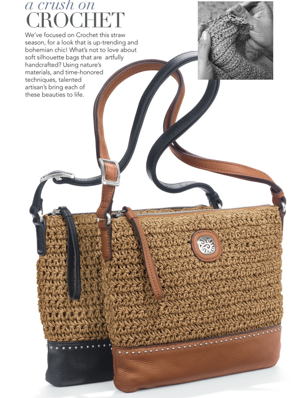 Woven Crochet Crossbody Bag with Leather Trim - Tan & Black